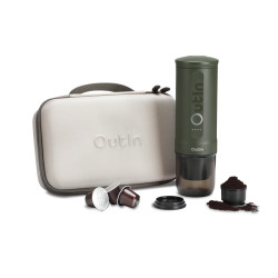 Outin Set Nano (Forest Green) - aparat de cafea de călătorie + husă de protecție